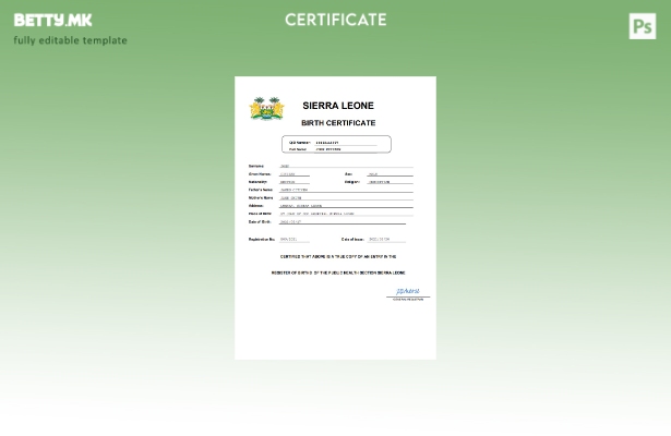 модерен стил на Сиера Леоне шаблон за извод од матична книга на родени Word и PD