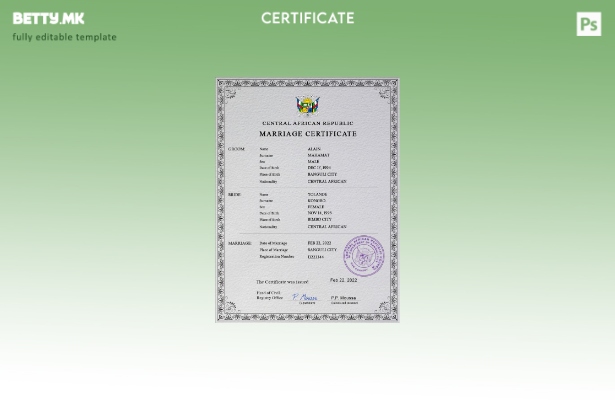 модерен стил шаблон за PSD сертификат за венчавка на Централноафриканската Репуб