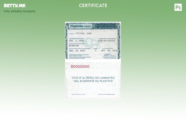 модерен стил Canada Manitoba извод од матична книга на родени PSD шаблон SCREEN
