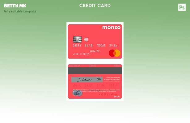 Модерен стил на Обединетото Кралство Monzo банкарска дебитна мастер карта шаблон
