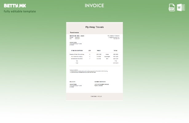 Шаблон за фактура за патувања во модерен стил на САД Fly Away