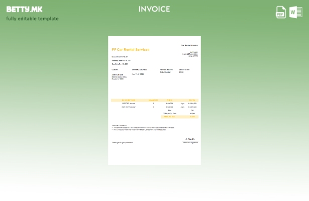 Шаблон за фактура за услуги за изнајмување автомобили во модерен стил на САД FF