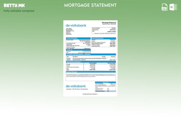 Модерен стил Холандија De Volksbank изјава за хипотека Шаблон за Word и PDF