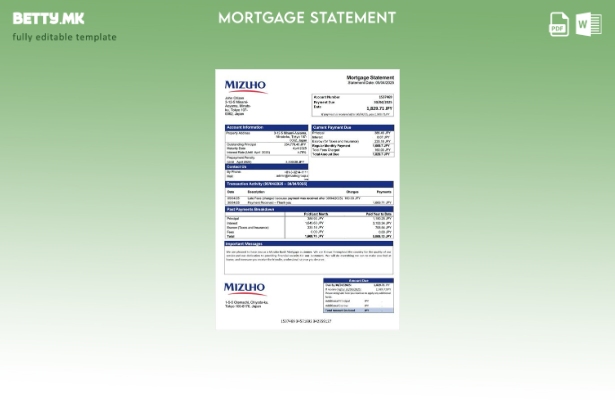 модерен стил Јапонија Mizuho банка извод на хипотека Шаблон Word и PDF шаблон