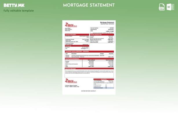 модерен стил Индија Јужна Индија банка изјава за хипотека Шаблон Word и PDF шабл
