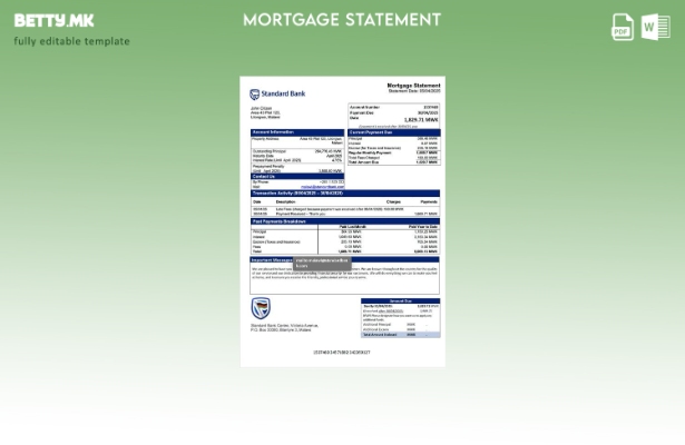 модерен стил Малави Стандард банка Малави изјава за хипотека Шаблон за Word и PD