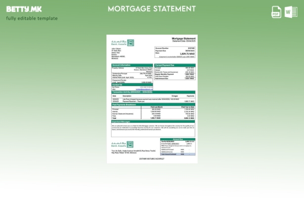 модерен стил Мароко банка како Сафа изјава за хипотека Шаблон за Word и PDF