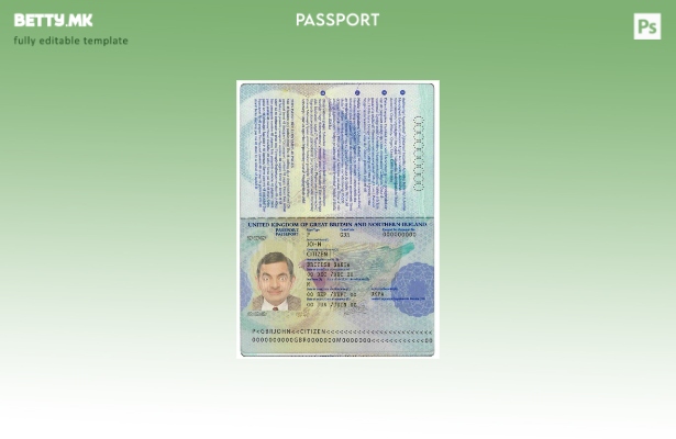 Модерен стил Шаблон за пасош на Обединетото Кралство во формат PSD, целосно уред