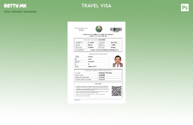 Модерен стил Узбекистански шаблон за електронска виза во Word и Pdf формати, шаб