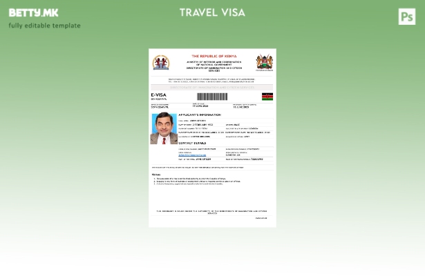 Модерен стил шаблон за виза за Кенија во шаблон за формати Word и Pdf