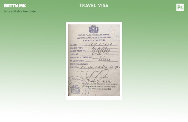 Шаблон за боливиска виза во модерен стил (верзија со печат).