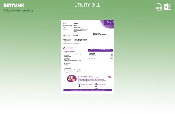 Модерен стил Шпанија ONO шаблон за комунални сметки со лесно пополнување
